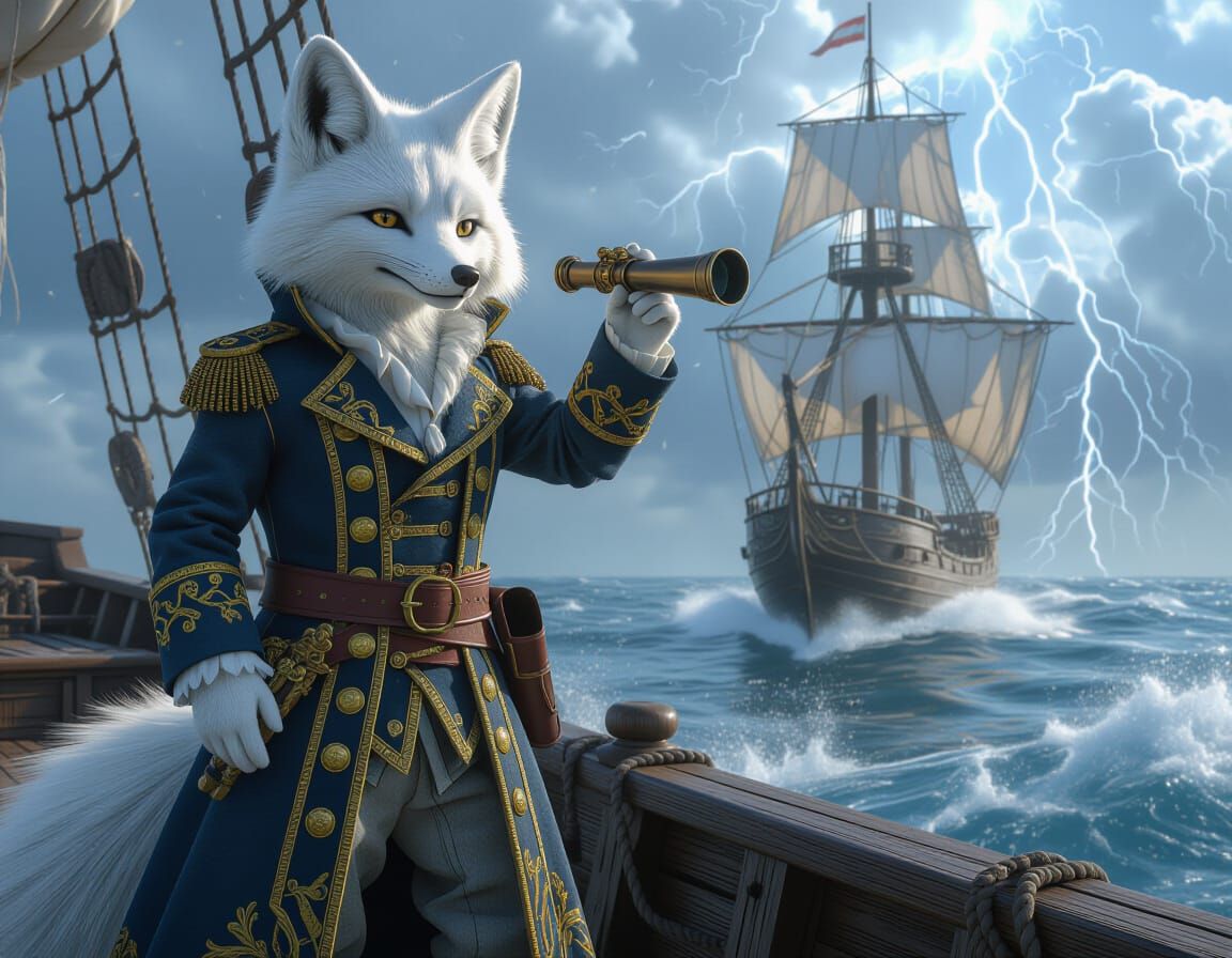 Arctic Fox Captain Navigates Stormy Seas in Dark Fantasy Sty...