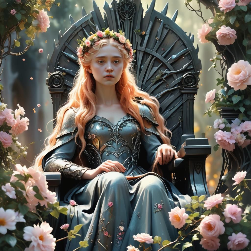 Persephone on Iron Throne in Hyper-Realistic Digital Paintin...