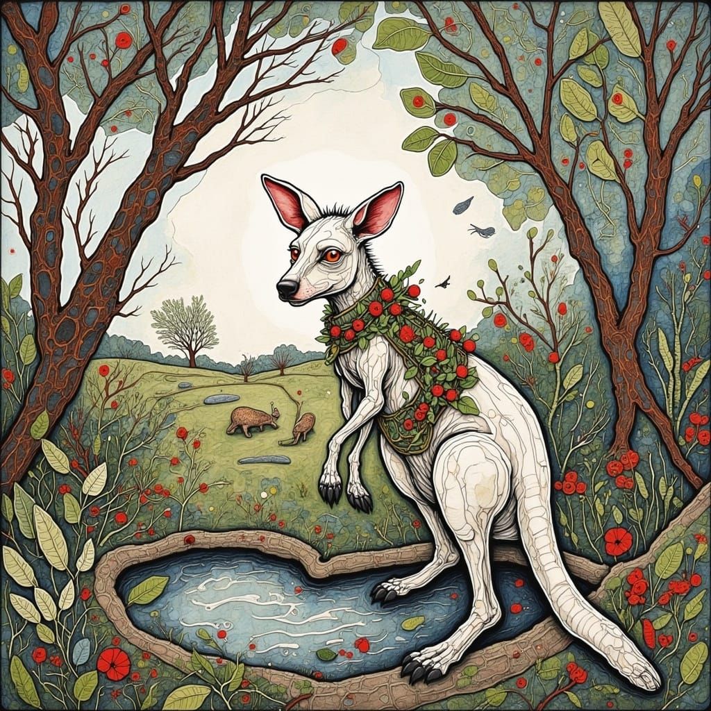 Whimsical Australian Outback Scene with Albino Kangaroo