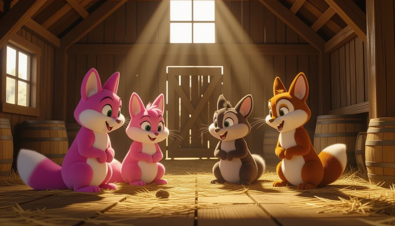 Cartoon Characters Gathered in a Realistic Barn