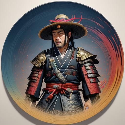 Hyperrealistic Samurai in Kasa Hat with Golden Armor