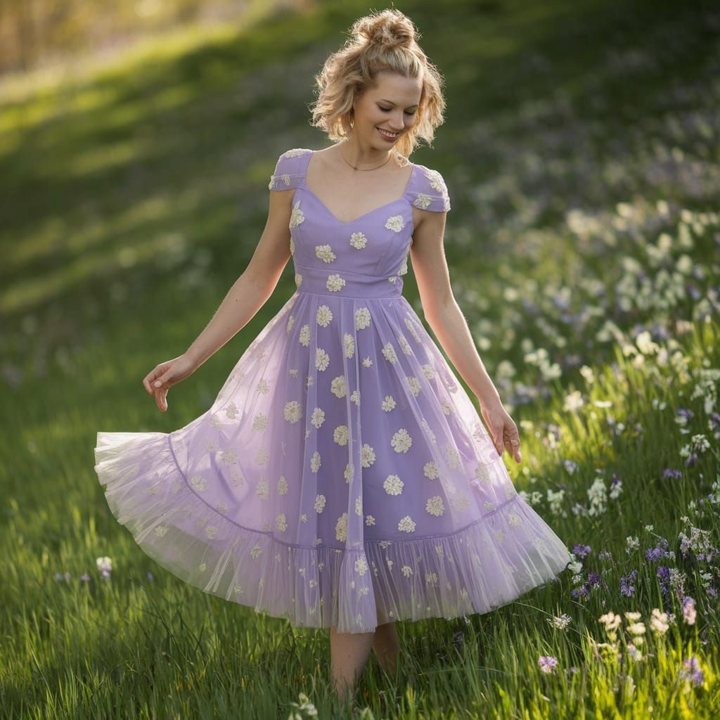 Woman in Pastel Dress in Spring Meadow