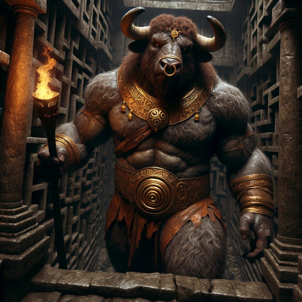 Imposing Minotaur Guardian of Ancient Stone Labyrinth