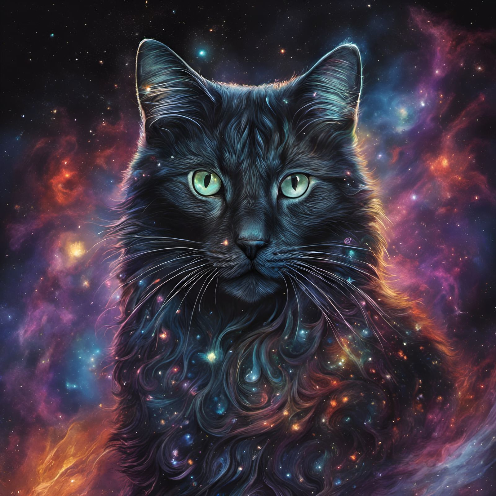 Cosmic Black Cat Portrait in Photorealistic Style