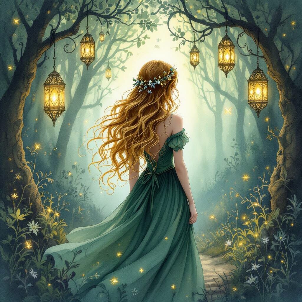 Fairy in Forest with Lace Lanterns and Fireflies