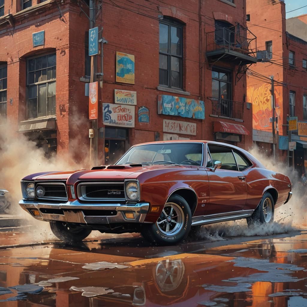 Hyperrealistic Pontiac GTO Judge in Splash Art Style