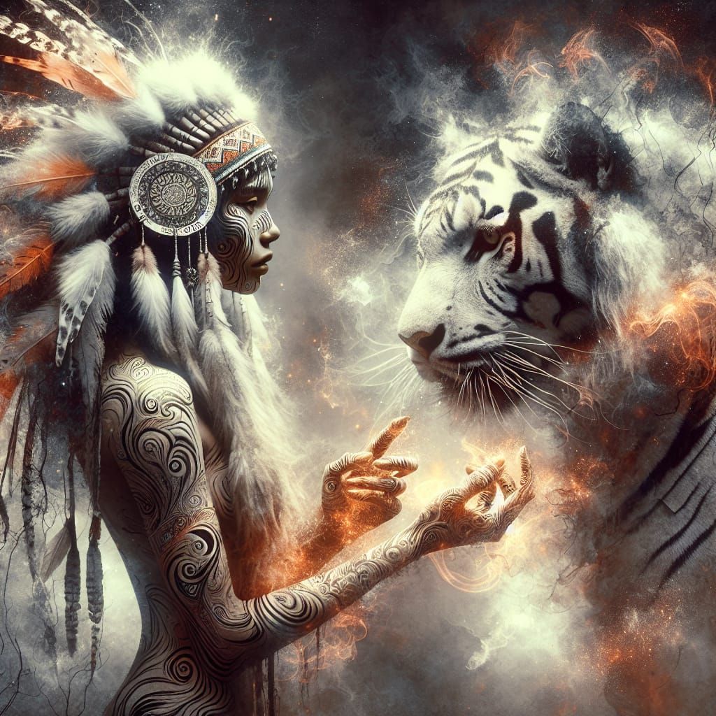 Colombian Woman and Tiger in Ethereal Fairy Tale