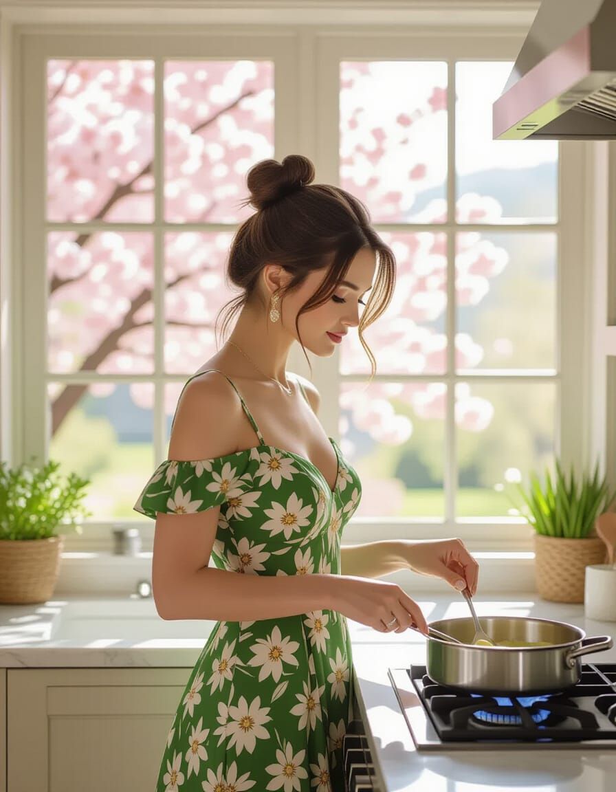 Woman Cooking in Spring Kitchen with Floral Dress