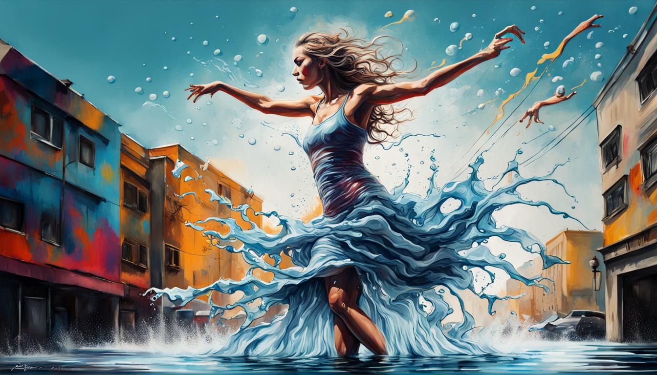 Woman Dancing on Water in Graffiti Art Style