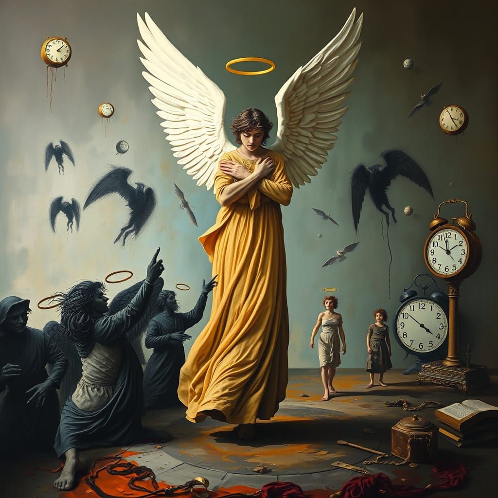 Guardian Angel's Wings Clipped in Surreal Scene