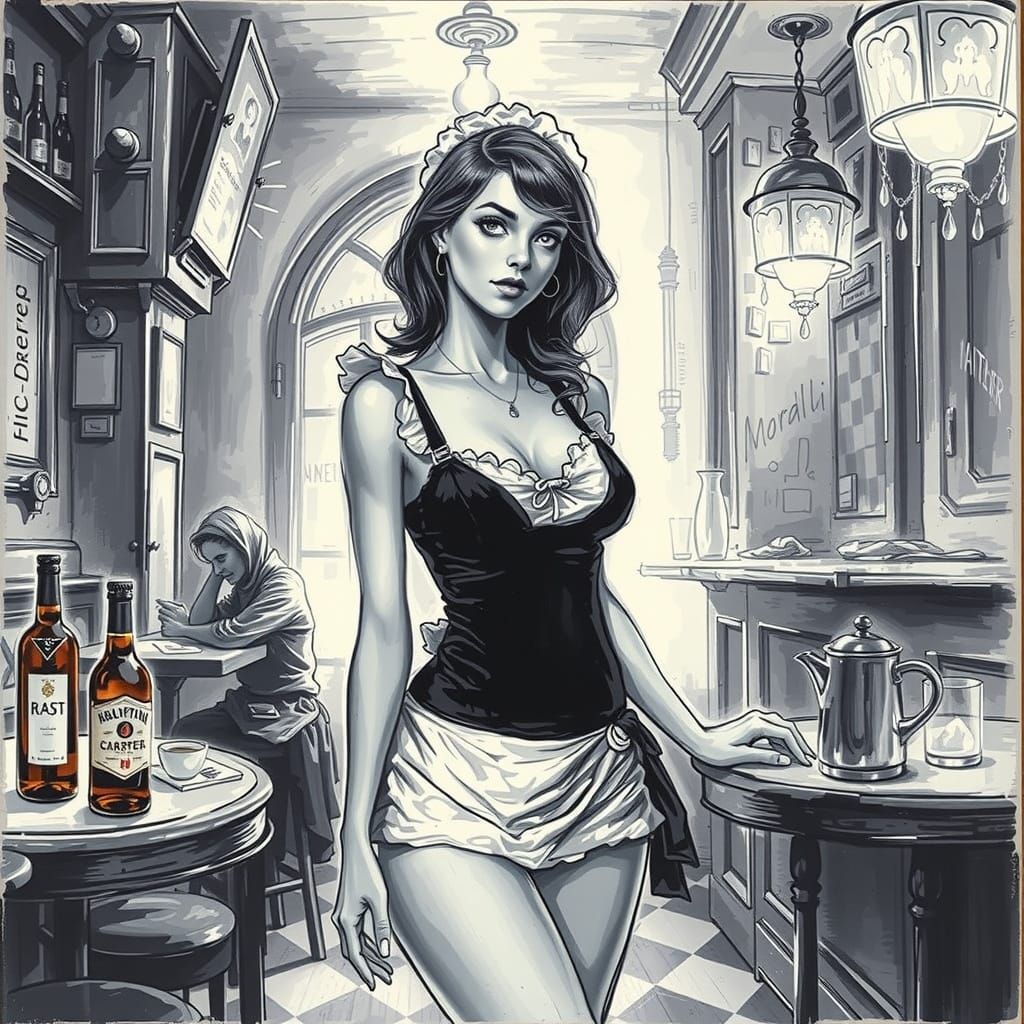 Maid Bikini Server in Noir Pub Charcoal Drawing