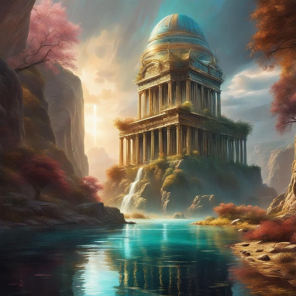 Futuristic Temple with River in Cinematic Style