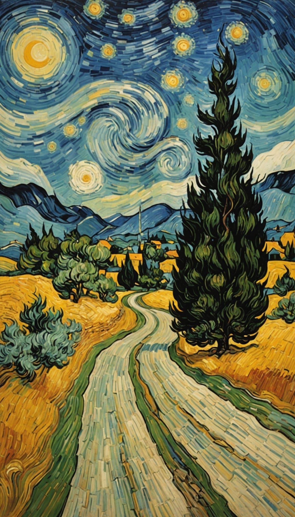 Van Gogh's Cypress Road With Stars in Dali Style