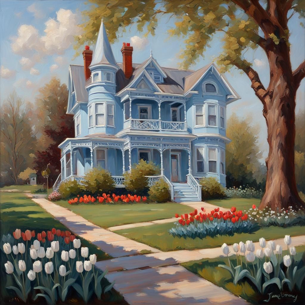 Victorian House with Tulip Garden as Oil Painting