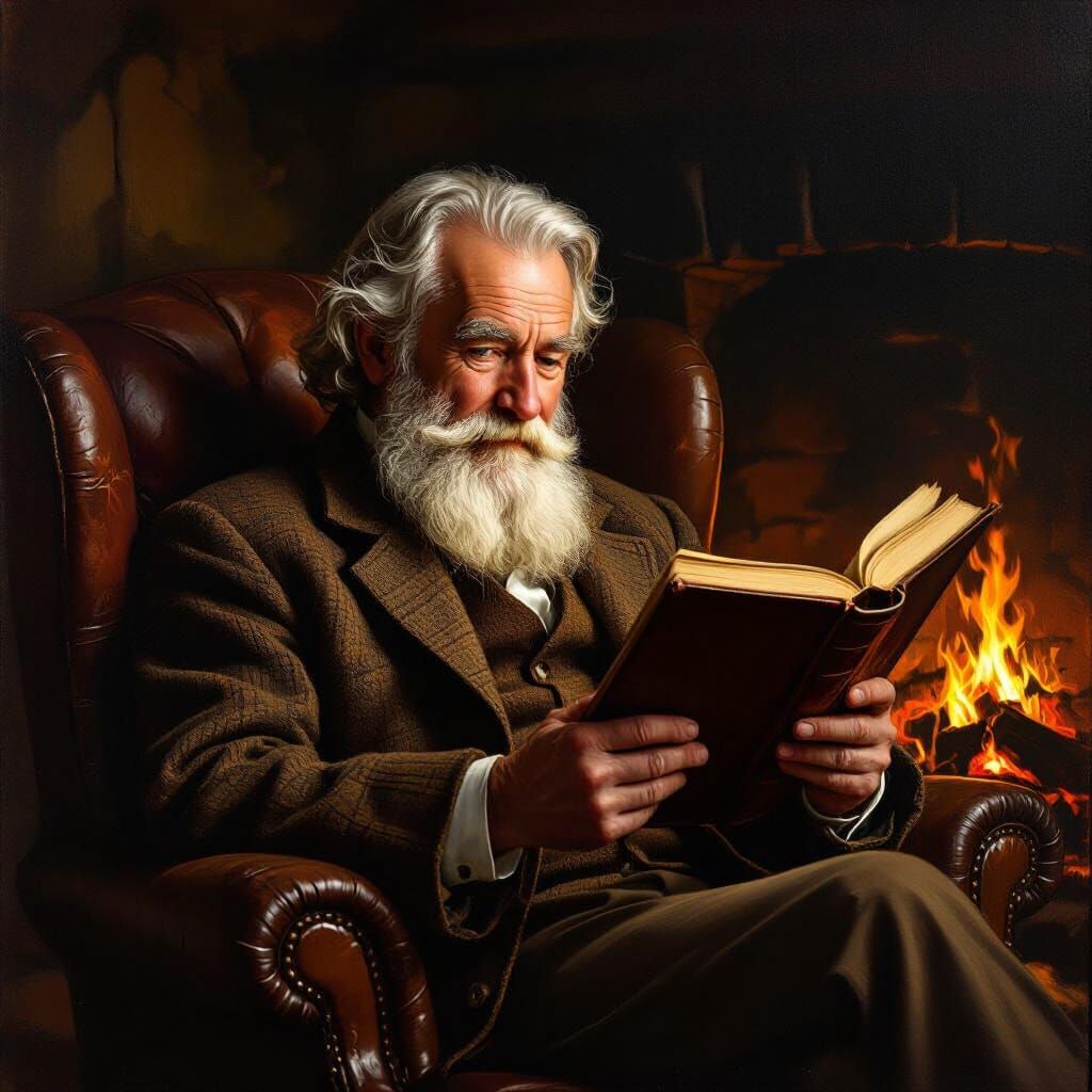 Elderly Man Reading by Fireplace in Old Masters Style
