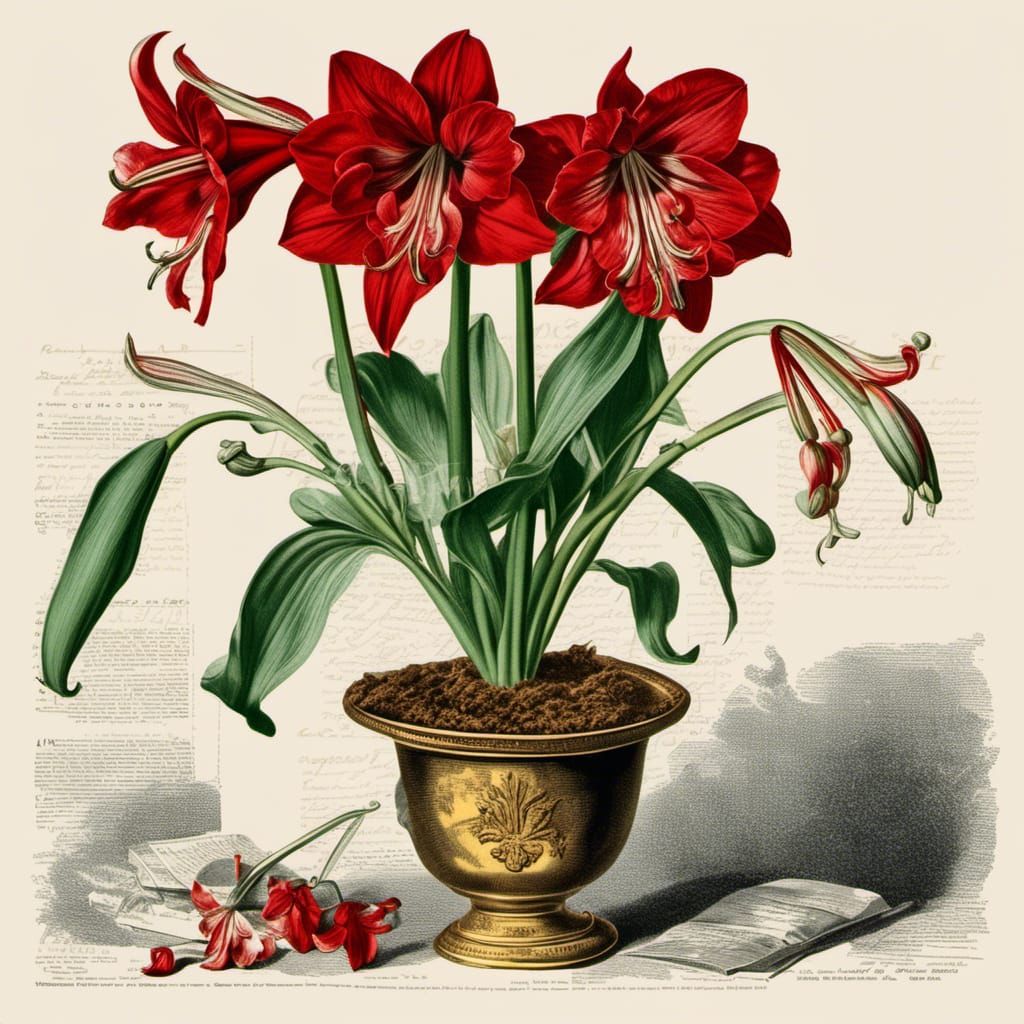 Vintage Botanical Illustration: Red Amaryllis in Pot