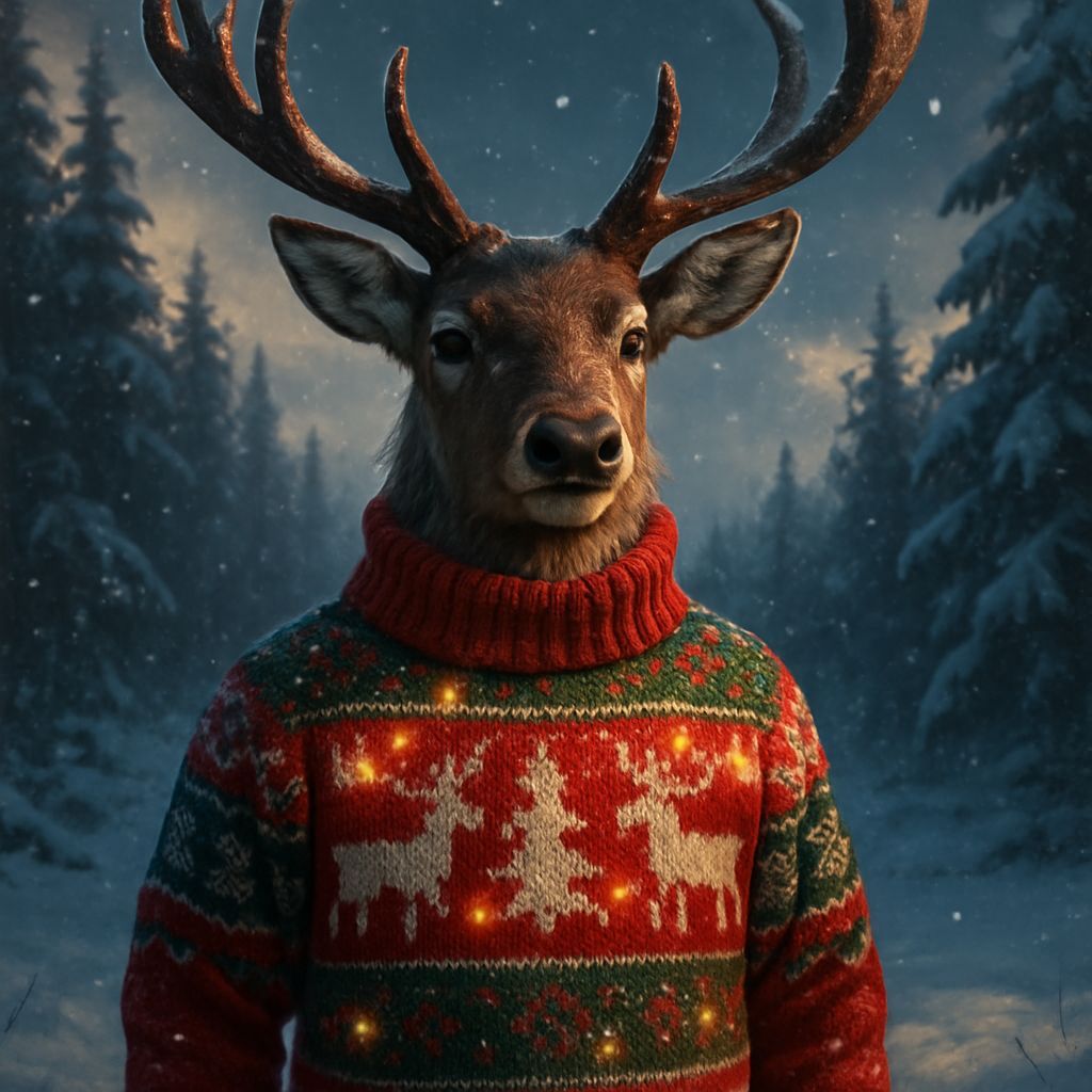 Reindeer in Knitted Sweater in Snowy Forest