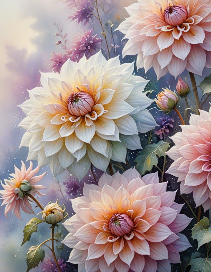 Pastel Dahlias in Ethereal Watercolour Style