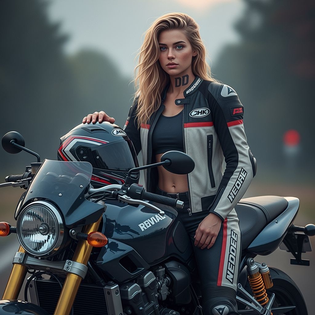 Woman and Motorcycle in Sci-Fi Matte Painting Style