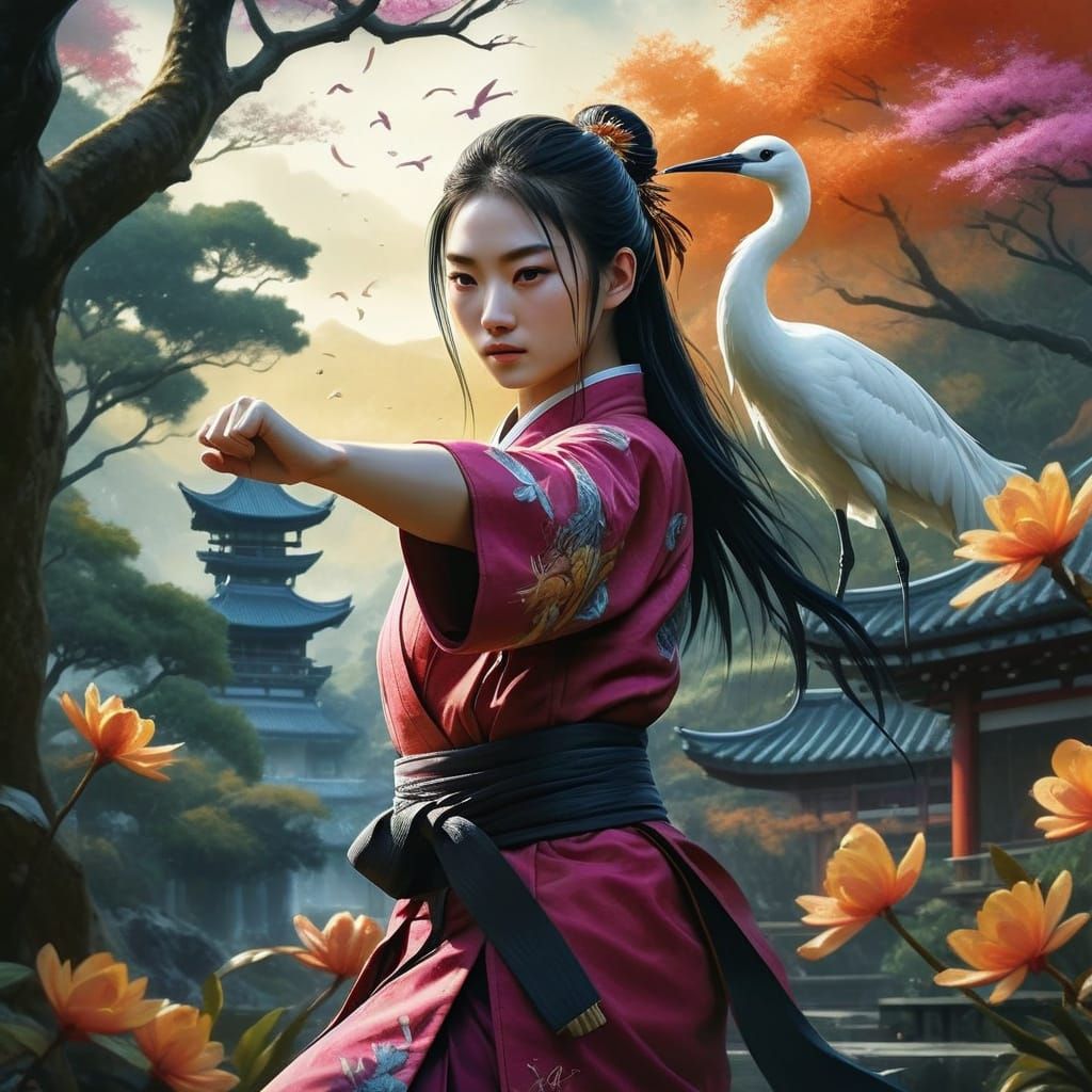 Japanese Karate Girl in Okinawa Garden, Gouache Style