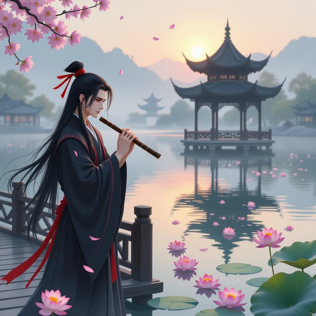Wei Wuxian at Lakeside Pier in Misty Dawn