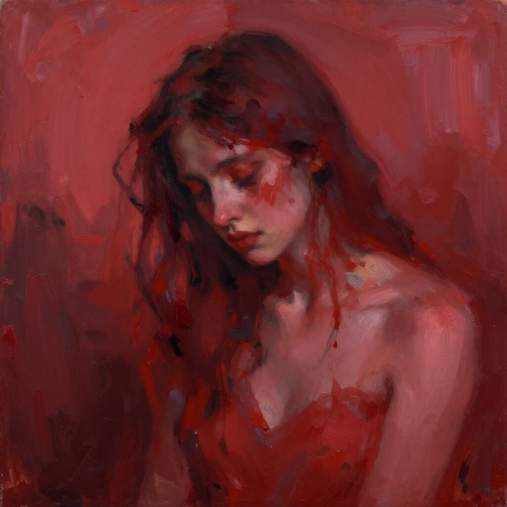 Expressionist Portrait in Crimson and Red Tones