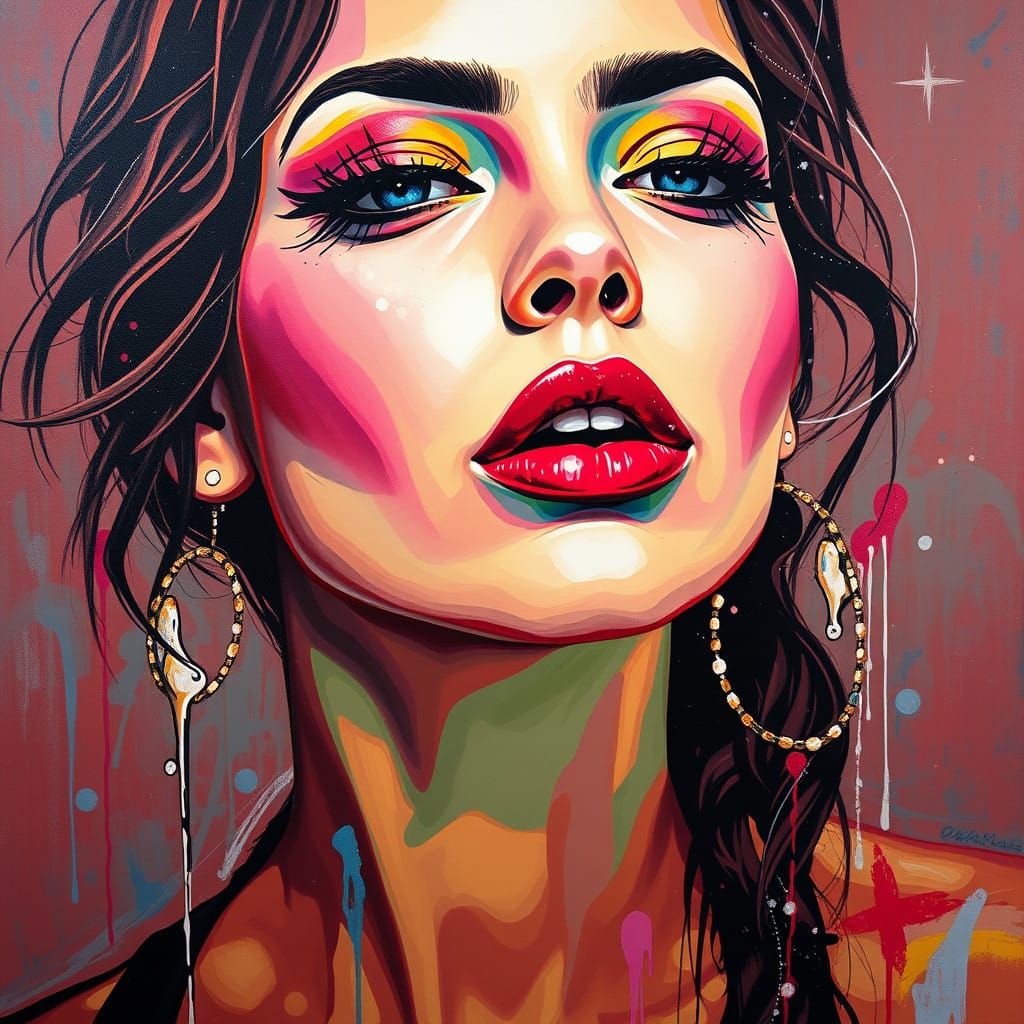 Woman in Vibrant, High-Contrast, Polychromatic Makeup, Captu...