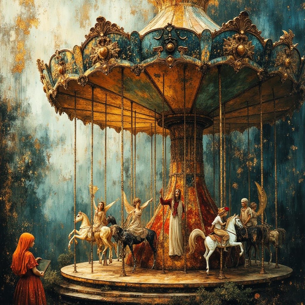 Mystical Carousel Painting with Fairies, Goblins, Trolls, an...