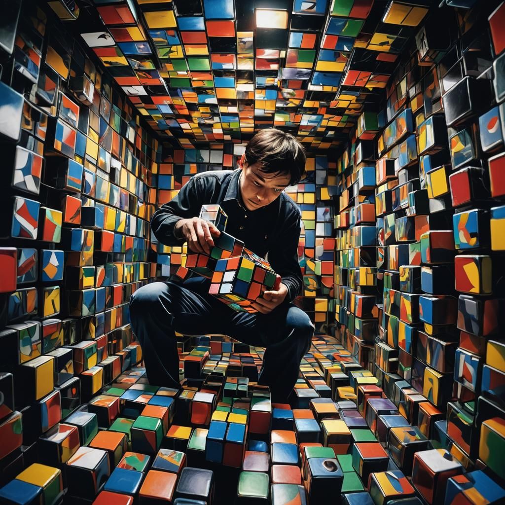 Trapped: Surreal Rubik's Cube Nightmare in Dreamlike Colors