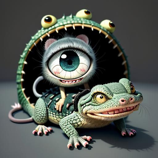 Happy Chibi Mouse in Alligator Mouth: 3D Surreal Art