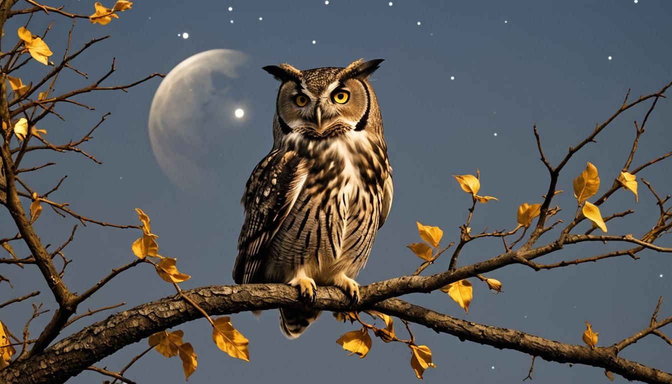 Wise Owl Plays Trumpet Under Moonlight