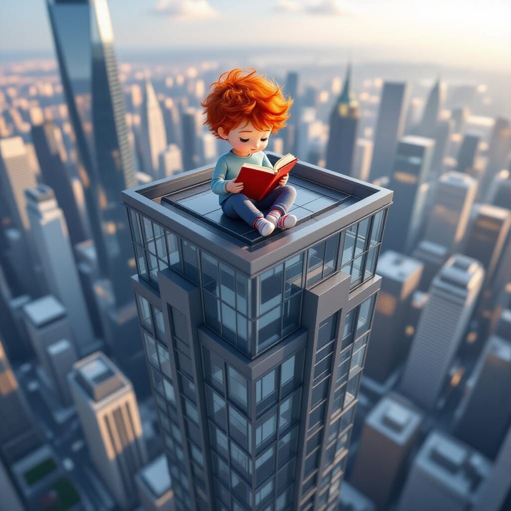 Child Reading Atop Futuristic Skyscraper