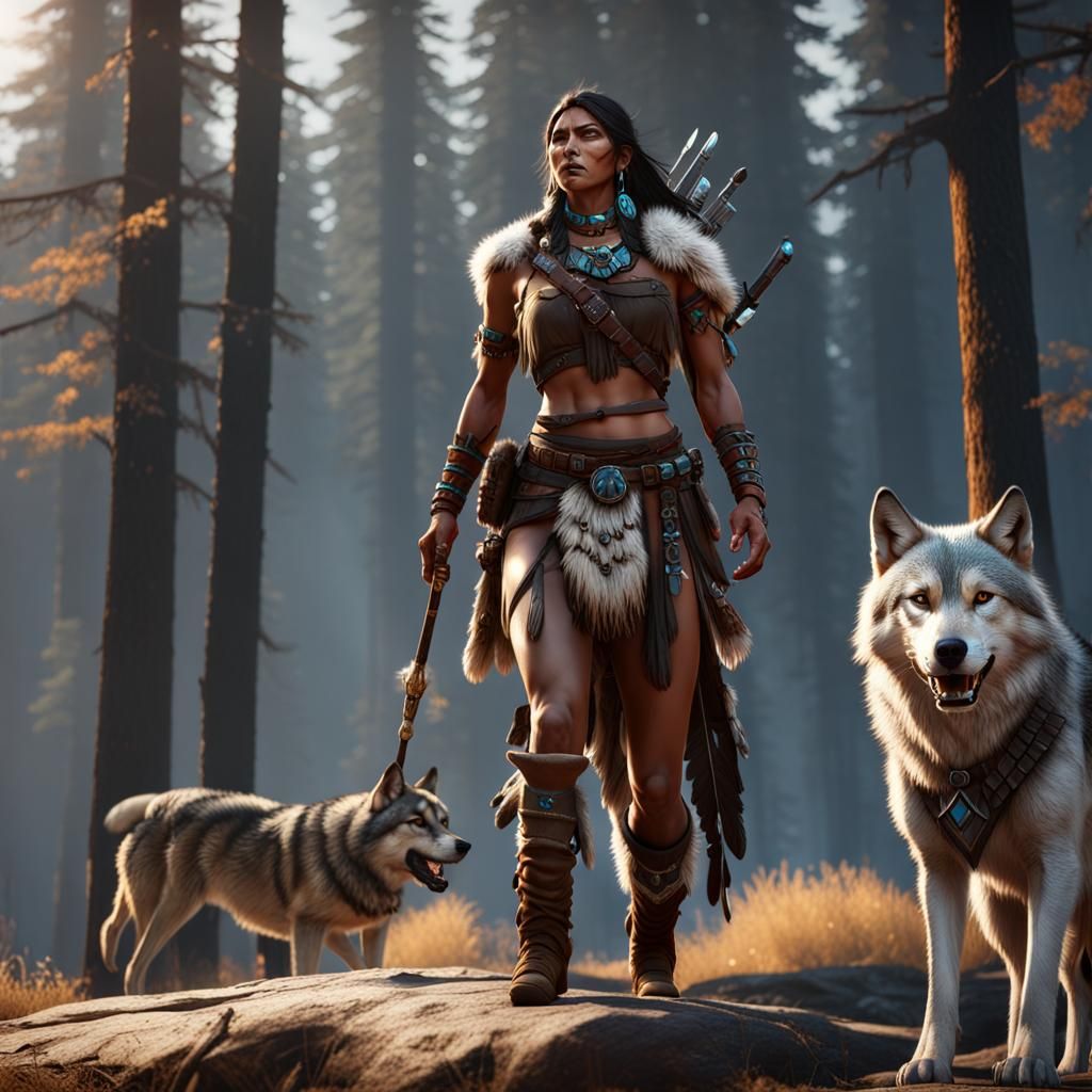 Native American Woman Warrior and Wolf Pup