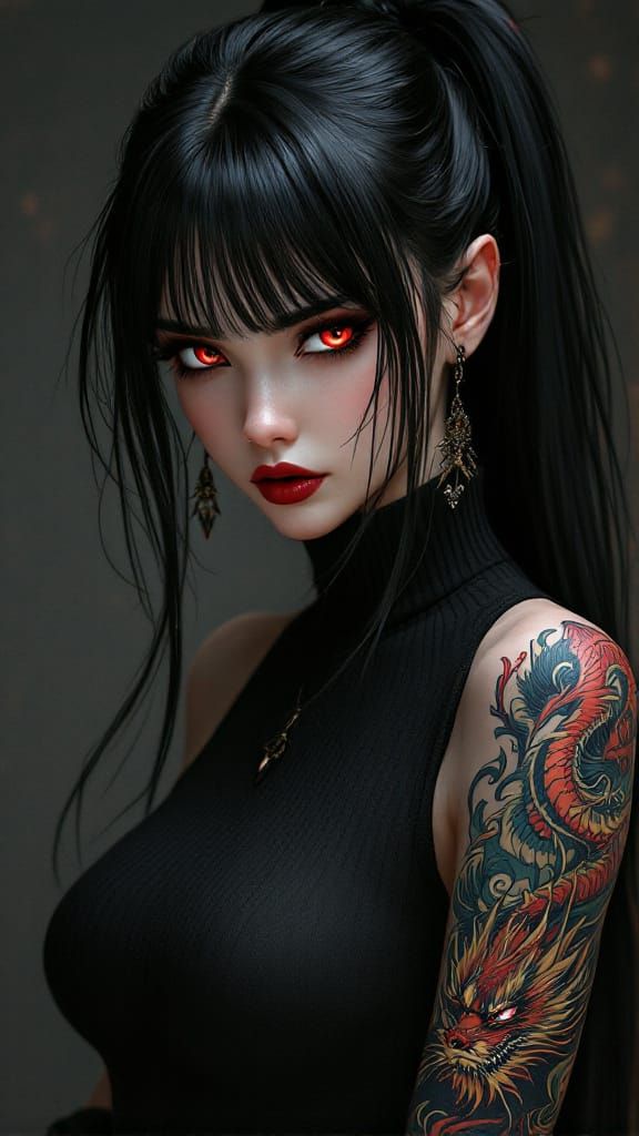 Gothic Anime Girl with Dragon Tattoo in 3D Art