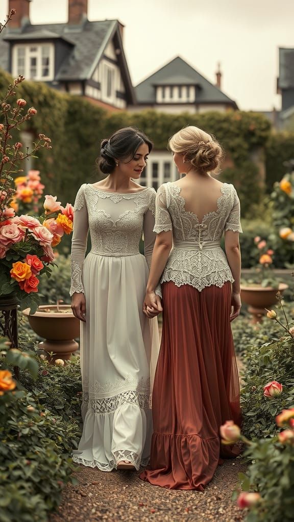 Victorian Women in Sepia Tone Garden Photograph
