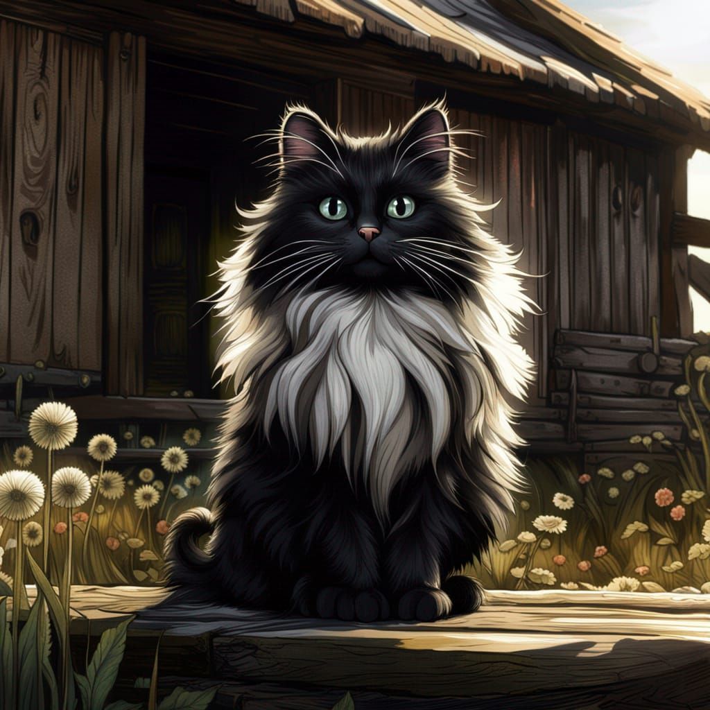 Chibified Cat Near Barn: Detailed Digital Art