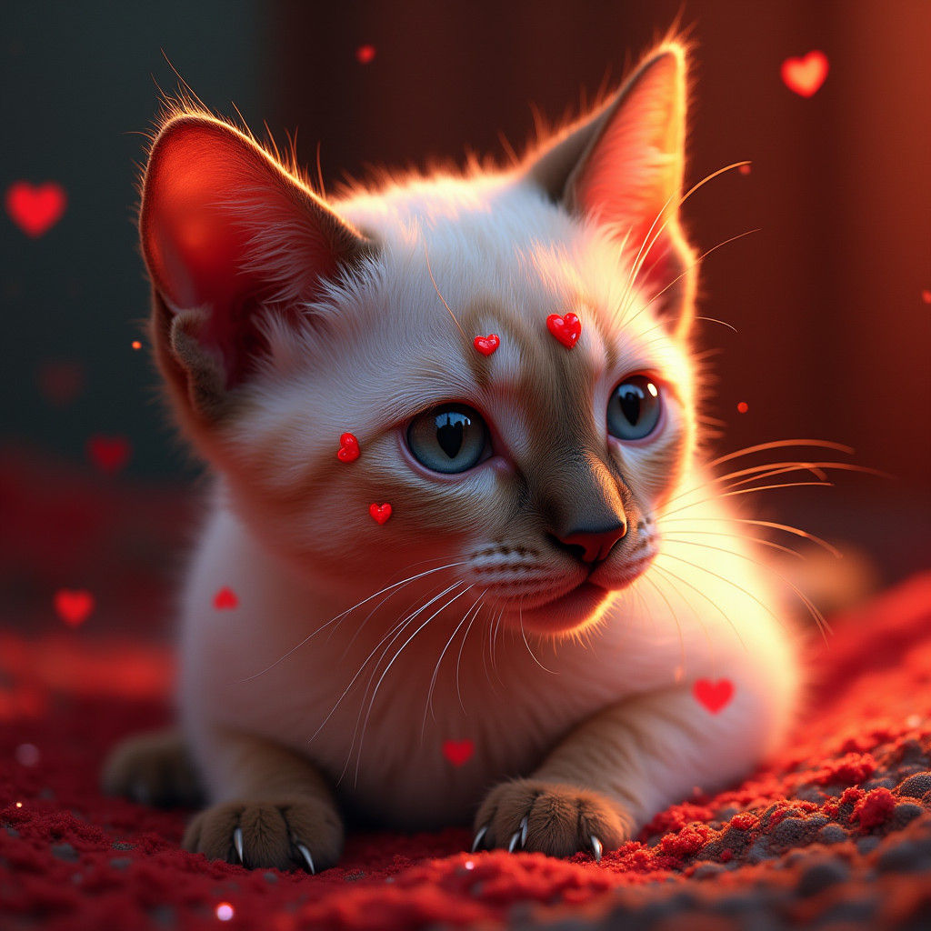 Siamese Cat Portrait with Hearts in Digital Art Style