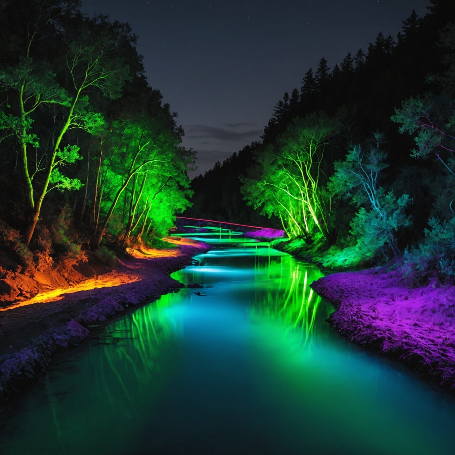 Fluorescent River Illuminates Dark Landscape