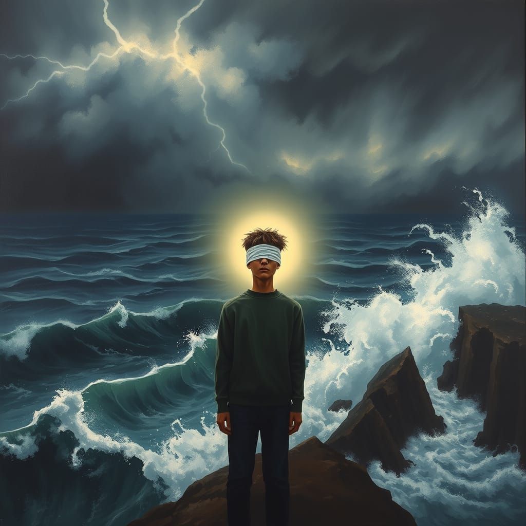 Blindfolded Figure on Cliff Overlooking Stormy Ocean