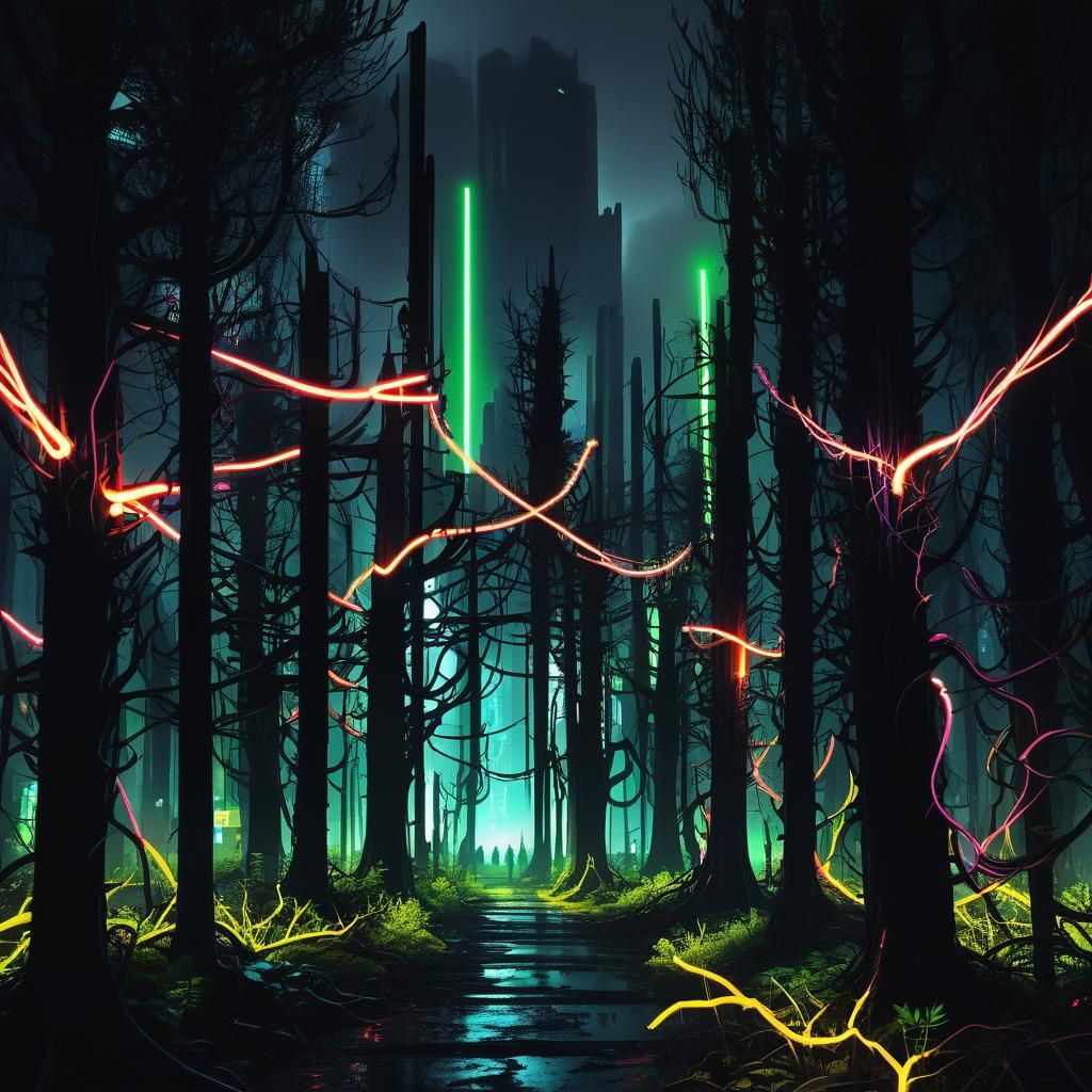 Surreal Dark Cyberpunk Forest with Neon Lights