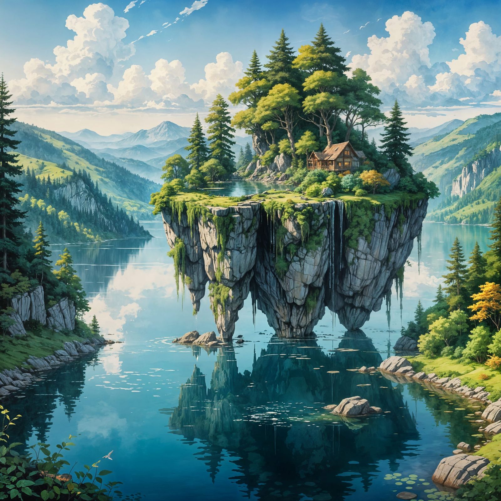 Magical Islands Floating in Sky: Watercolour Landscape