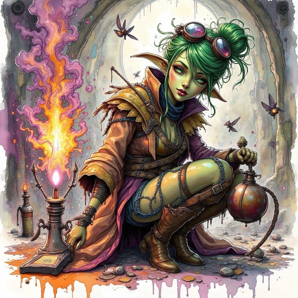 Goblin Alchemist with Bomb in Ink Drawing Style