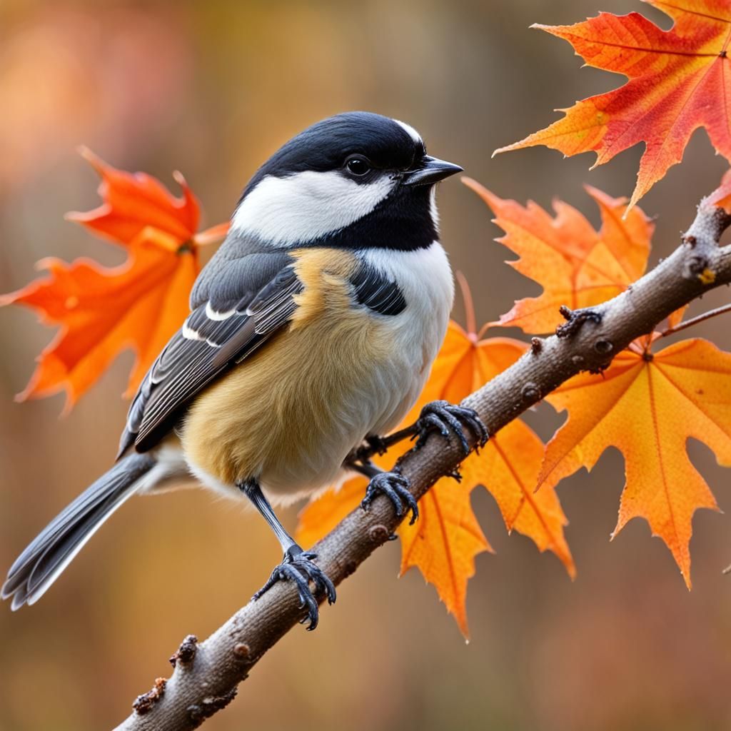 Chickadee Bird with Autumn Maple Leaves
