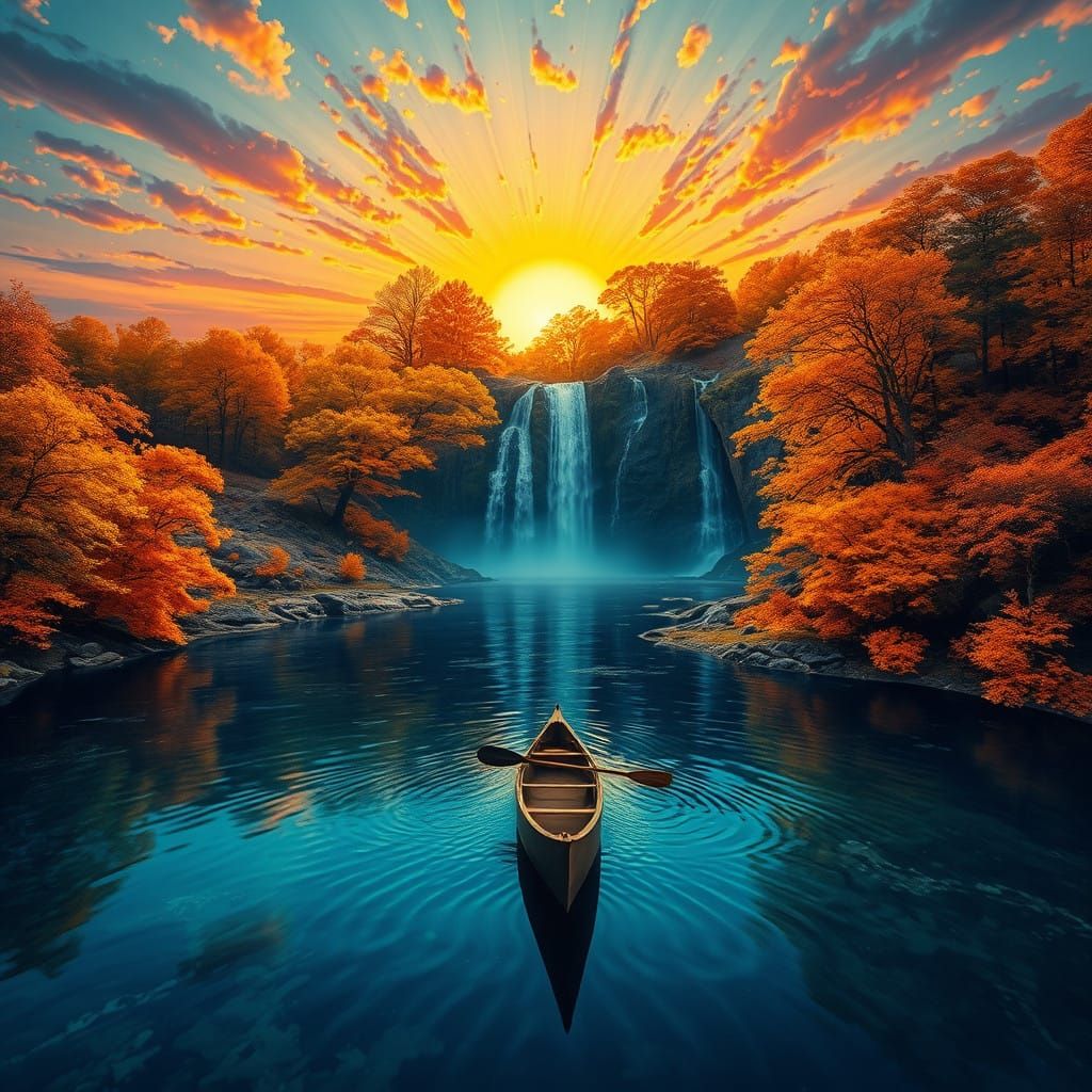 Surreal Autumn Waterfall Scene in Photorealistic Style