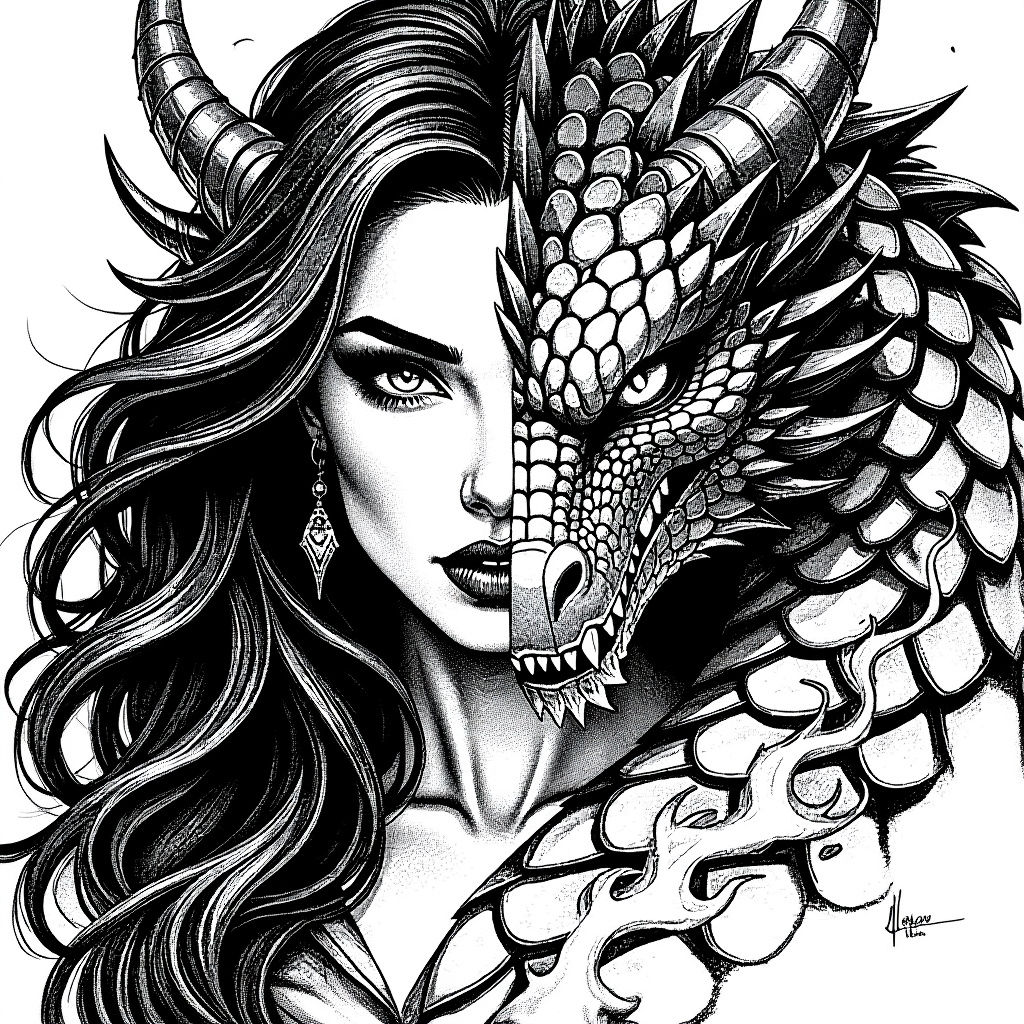 Tattoo Design: Woman and Dragon Face