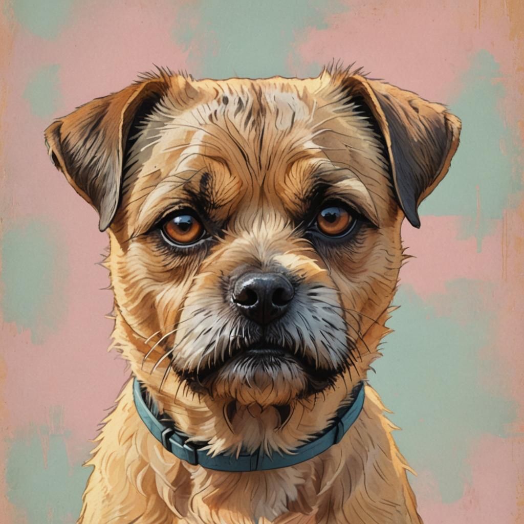 Grumpy Border Terrier Portrait in Pastel Cartoon Style