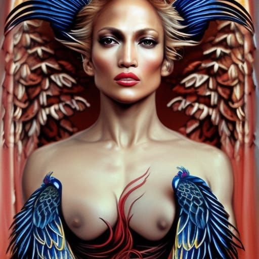 Fantasy Portrait of Woman with Eagle Wings and Tattoos