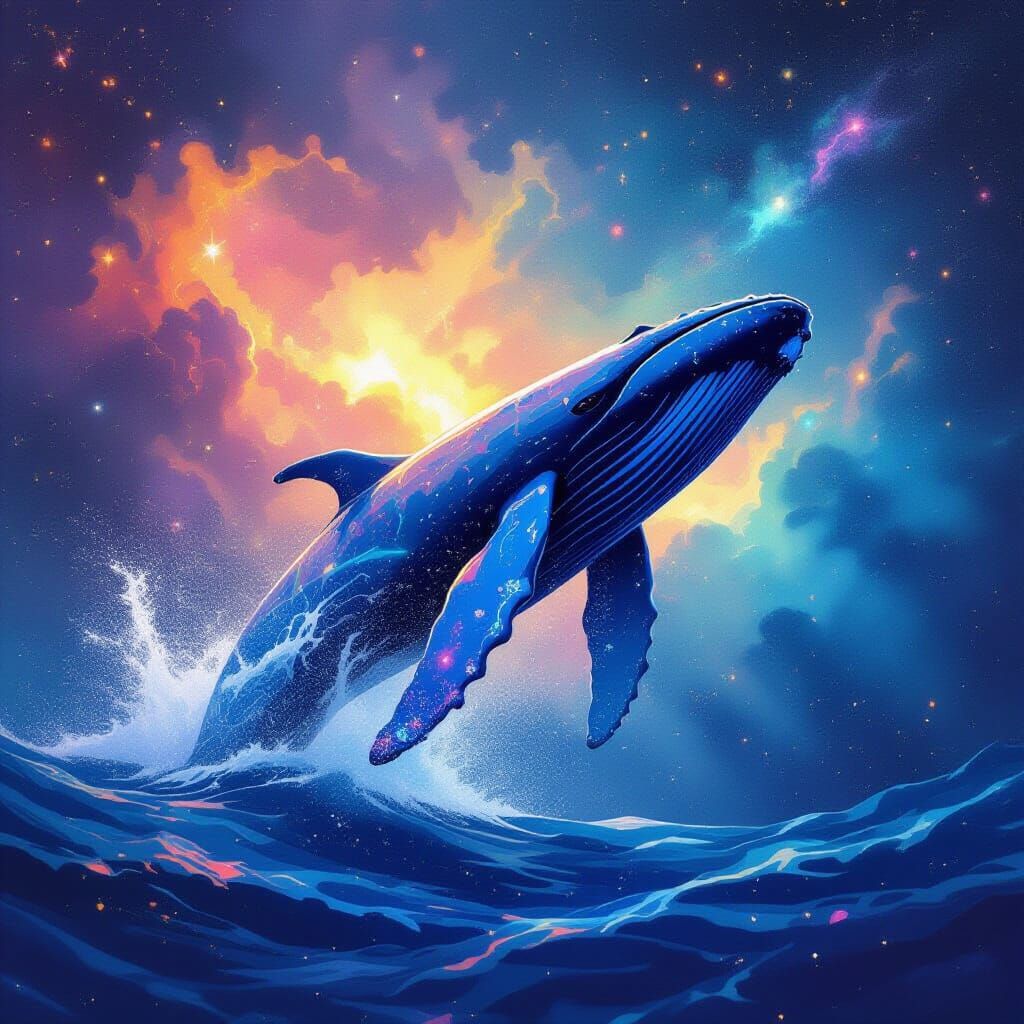 Humpback Whale Breaches Cosmic Nebulae in Watercolor and Acr...
