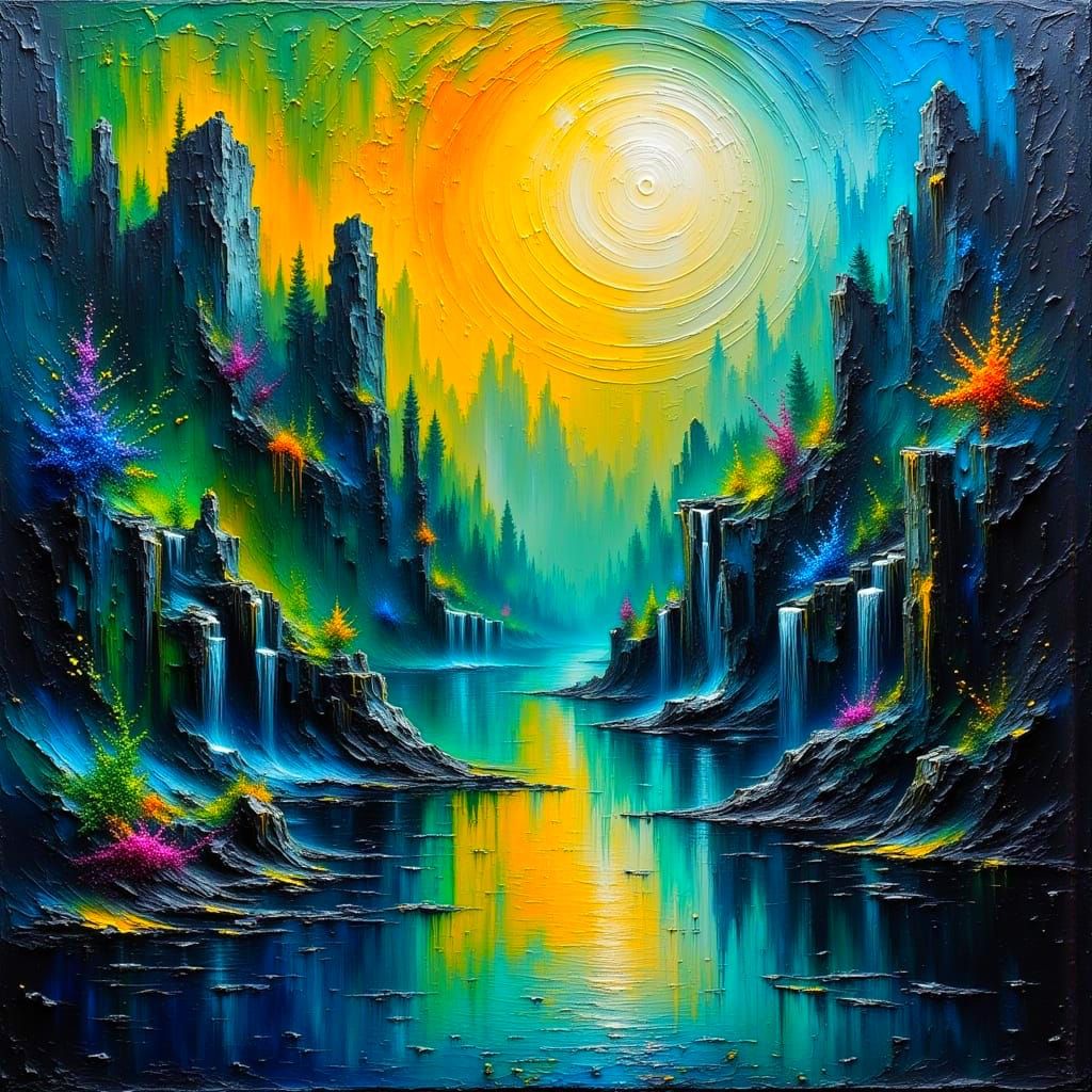 Moonlit Plitvice Lakes National Park in Impasto Style