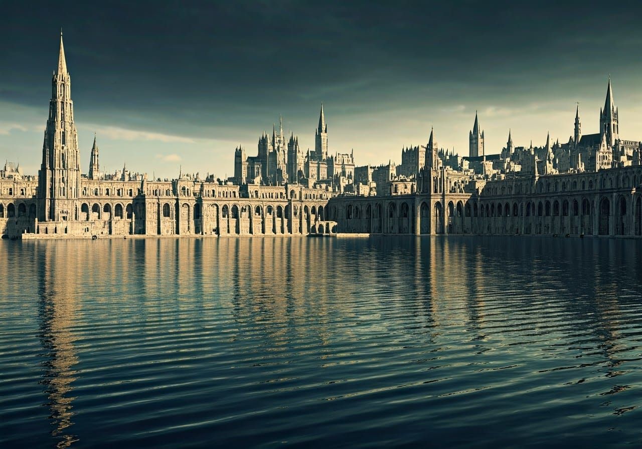 Dramatic Gothic Port City in Dark Fantasy Style